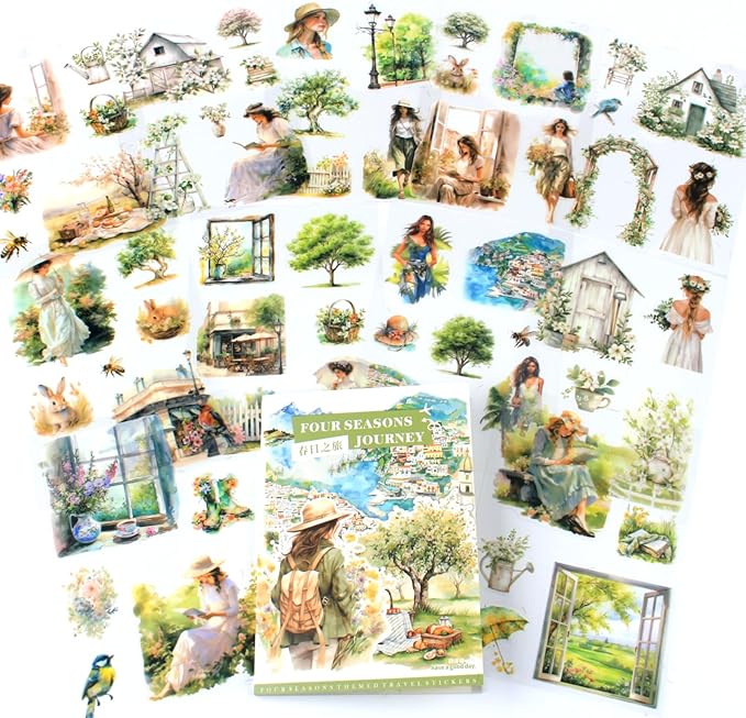 Spring Landscape Pre-Cut Journal Sticker Book for Junk Journaling, Transparent PET Stickers for Scrapbook Supplies, Scrapbooking, Collage, Planners, Bujo, 20 Sheets