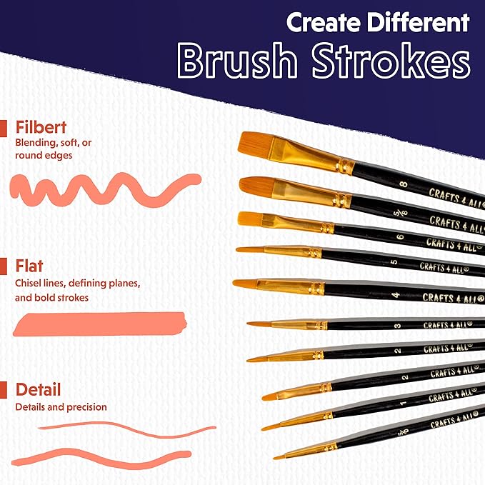 Crafts 4 All Acrylic Paint Brushes - Pack of 10 Professional, Wide and Fine Tip, Nylon Hair Artist Paintbrushes - Paintbrush Bulk Set for Watercolor, Canvas, Craft, Detail & Oil Painting