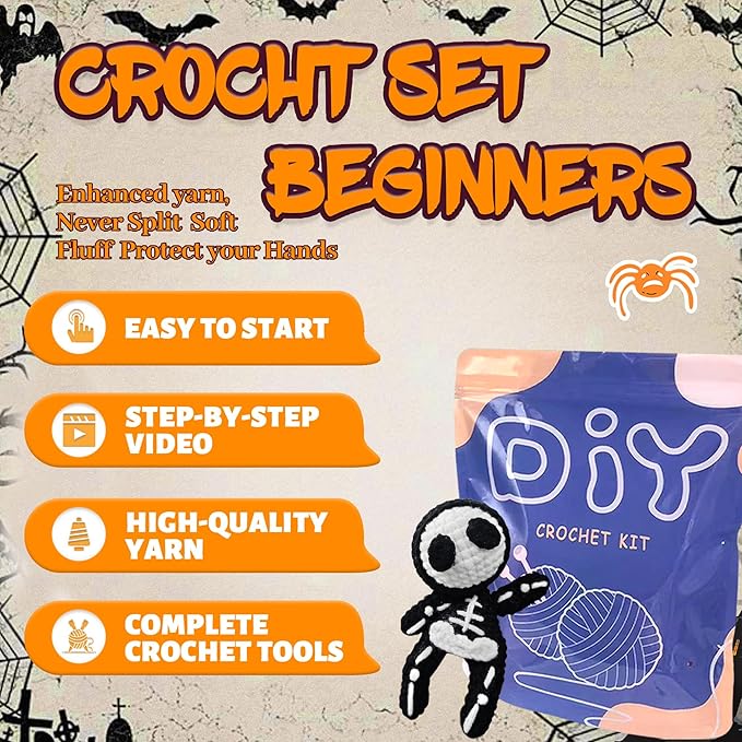 YAMAXIN Skeleton Crochet Kit for Beginners – DIY Yarn Kit with Video Tutorial, Tools & Instructions – Halloween Amigurumi Plush Craft Gift for Adults & Kids (Skeleton Doll)