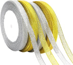 DECYOOL 4 Rolls 100 Yards Christmas Ribbons 10mm Wide Holiday Metallic Glitter Ribbons for Gift Wrapping and DIY Craft, Gold & Silver