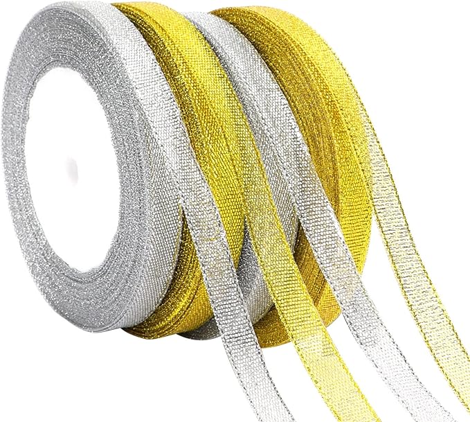 DECYOOL 4 Rolls 100 Yards Christmas Ribbons 10mm Wide Holiday Metallic Glitter Ribbons for Gift Wrapping and DIY Craft, Gold & Silver