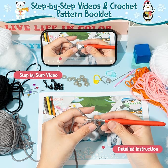 BWkoss Crochet Kit for Beginners, Polar Animal Crochet Starter Kit for Adults Kids Fox Penguin Polar Bear DIY Yarn Knitting Craft Supplies with Step-by-Step Video Tutorials for Knitting Enthusiast