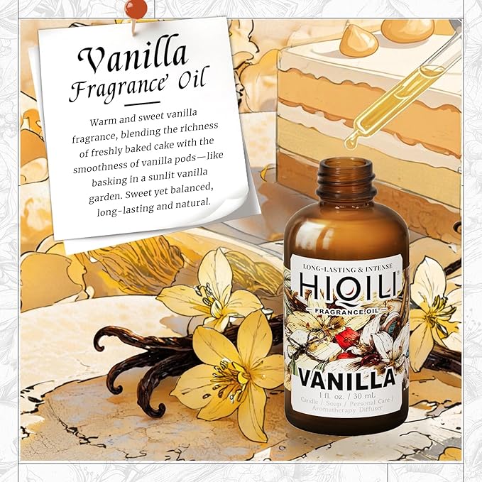 HIQILI Vanilla Fragrance Oil for Body Spray, Diffuser Use, Essential Oil for Candle, Soap, and Women Perfume Making - 1 Fl Oz