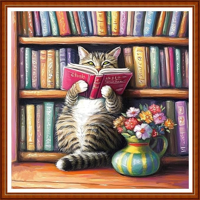 Funart Stamped Cross Stitch Kits for Beginners Full Range of Cross Stitching Preprinted Embroidery Kits for Adults, 11CT Embroidery Pattern Needlepoint Kits-Bookshelf Cat Reading 18x18 inch