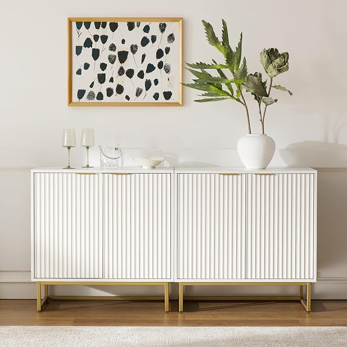 Fluted Storage Cabinet Set of 2,Sideboard Buffet Cabinet with Adjustable Shelves,Multifunctional Console Table with Storage Credenza Accent Cabinet for Living Room, Dining Room, White