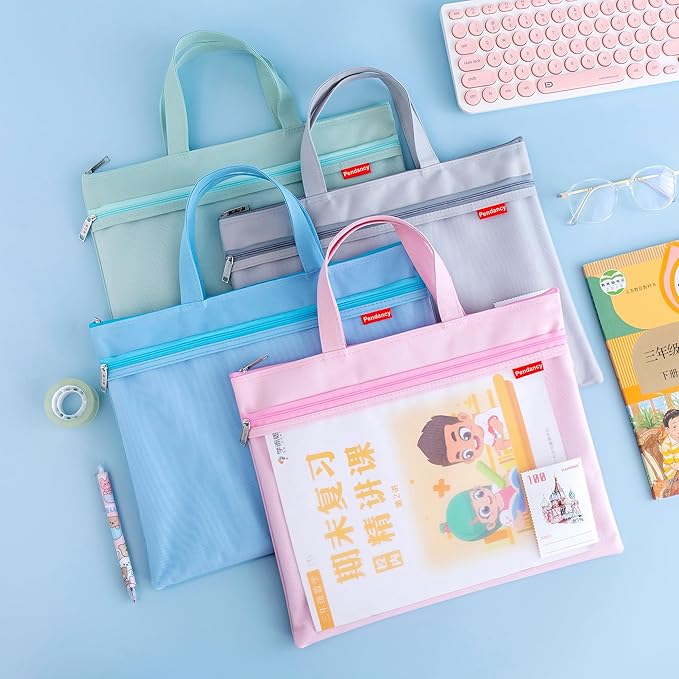 Pendancy Mesh Zipper Pouch 11x13.7 in, Large Double Pocket Waterproof File Bag with Handle, A4 Size Foldable Document Storage for Puzzle Project/Cross Stitch/Travel/Office（Gray）