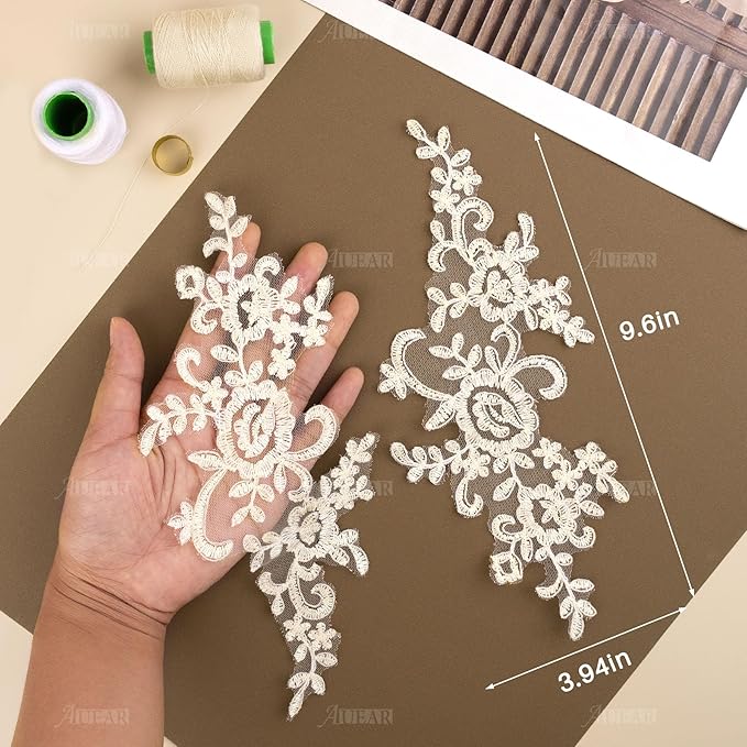 AUEAR, 2 Pack Flower Lace Applique Patches for Wedding Dress DIY Clothing Collar Material (Ivory Color)