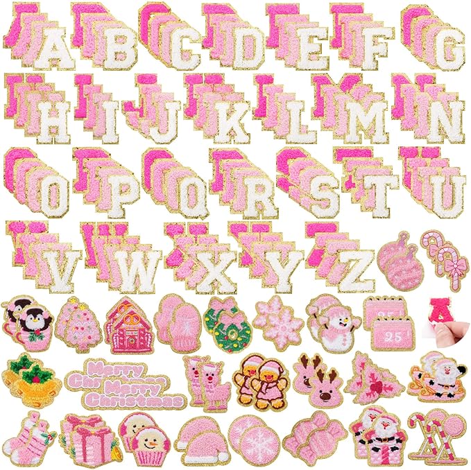 154 Pcs Pink Christmas Patches Chenille Christmas Letter Patches Self Adhesive Embroidered,Include 104 A-Z Letters Patch Stickers,50 Winter Snowflake Snowman Wreath Stick on Patch for Backpacks