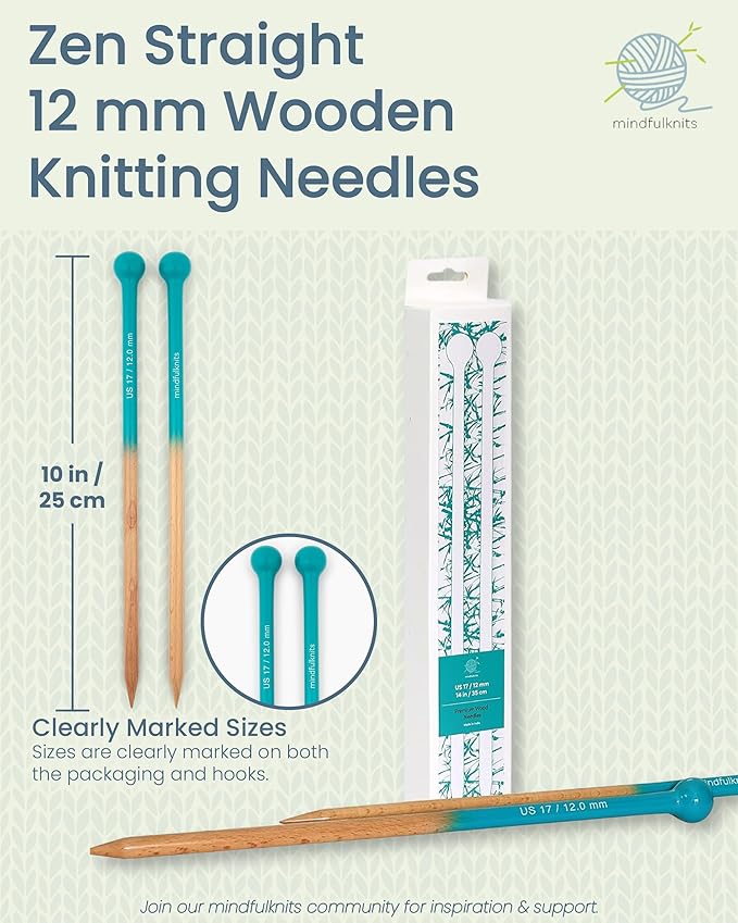 mindfulknits Premium Straight Single Pointed Beech Wood Knitting Needles – Size US 17, 12mm – 35cm Length – Knitting Supplies for Relaxation & Stress Relief (US17,12mm)