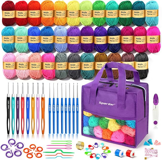 Crochet Kit, 1600 Yarns 35 Colors Acrylic Yarn Skeins, 53 PCS Crochet Hook Accessories and A Storage Bag, Yarn for Crocheting Suitable for Knitting, Knitting Kit Gift for Adult and Beginner, Purple