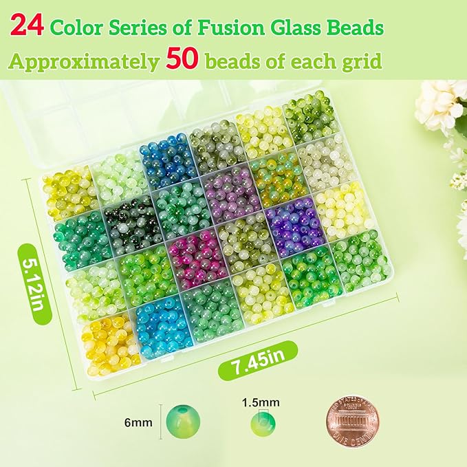 XSEINO About 1200+ pcs 6mm Glass Beads Bracelet Making Kit, 24 Assorted Green Bi-Color Fusion Series Crystal Beads for Jewelry Making, DIY Crafts, Friendship Bracelets