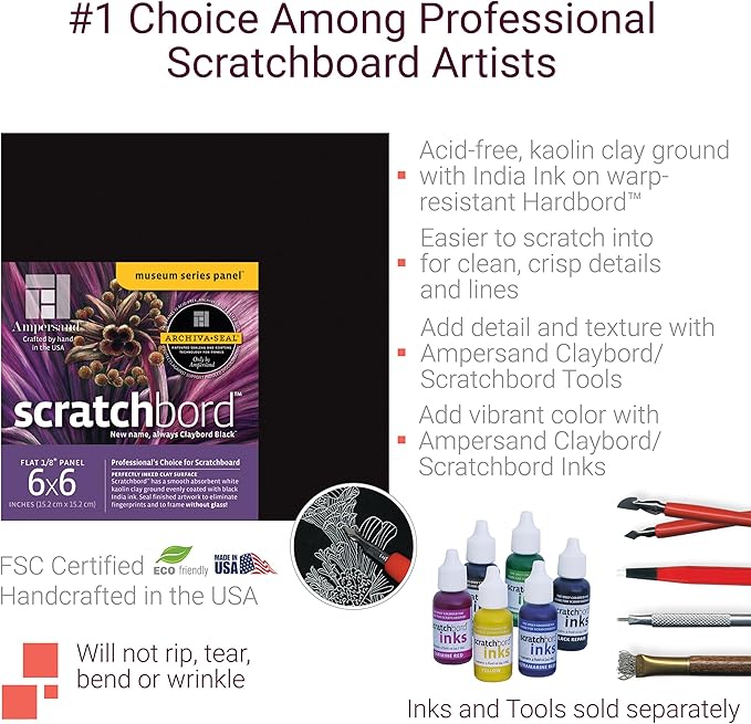 Ampersand Art Supply Scratchbord Art Panel: Museum Series Scratchbord, 1/8 Inch Flat Profile, 14" x 18"