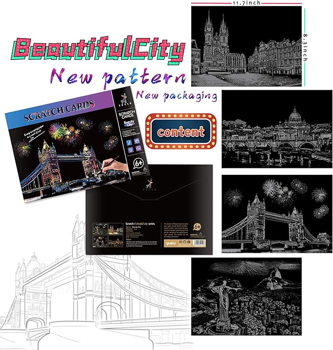 Scratch Rainbow Painting Art Paper Scratch & Sketch Art for Adults Scratch Painting Creative Gift Engraving Art&Craft Set Sketch Pad DIY Scratchboard with 4 Tools 11.7''x8.3''(City Series)