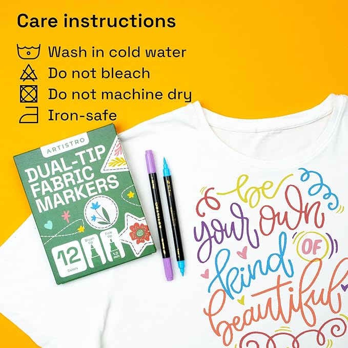 ARTISTRO 12 Dual-Tip Fabric Markers - Fabric Decorating Kit - Permanent for Clothes - No Bleed Pens for T-Shirts, Bags, Textile, Canvas, and More (Brush Tip and Fine Tip)