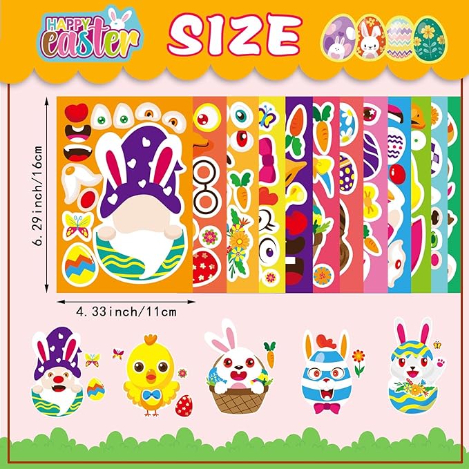 36 PCS Make a Face Stickers for Kids Make Your Own Stickers with Easter Chick Bunny Sheep Egg Pattern for Boys Girls Children Party Supplies Exchange Gifts(12 Design)