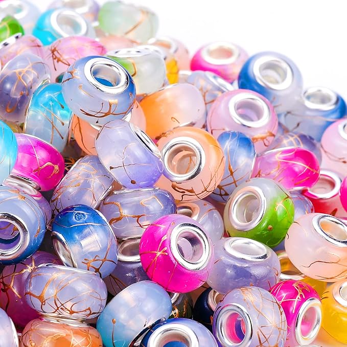 100 Pieces 14mm European Large Hole Spacer Beads Mix Color with Silver Brass Cores Assortments Charm Lampwork Beads Supplies for Necklace Bracelets Jewelry Making (Ｇolden Wire Jelly)