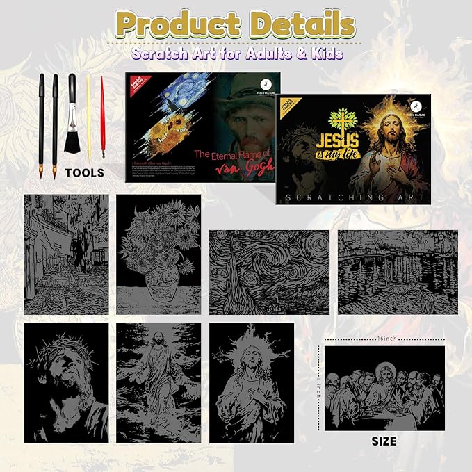 Scratch Paper Art for Adults-Scratch Painting Craft Kit (8 Sheets 16x11 in)|Foil Engraving Art Set|Stress Relief Gift for Travel Lovers,Craft Lovers|Creative Scratch Art Home Decor(Famous Painting)