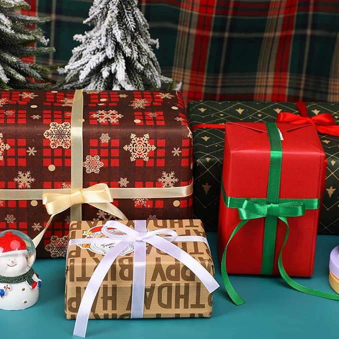 DECYOOL 4 Rolls 100 Yards Christmas Ribbons 10mm Wide Holiday Satin Ribbons Fabric for Gift Wrapping and DIY Craft, Red & Green & Gold &White