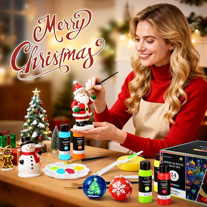 40 PCS Classic & Glow in the Dark Acrylic Paint Set with 12 Brushes, 2 Knives & Palette, 24 Colors Art Craft Paint for Beginners, Halloween Pumpkin Canvas Ceramic Rock Painting Kit