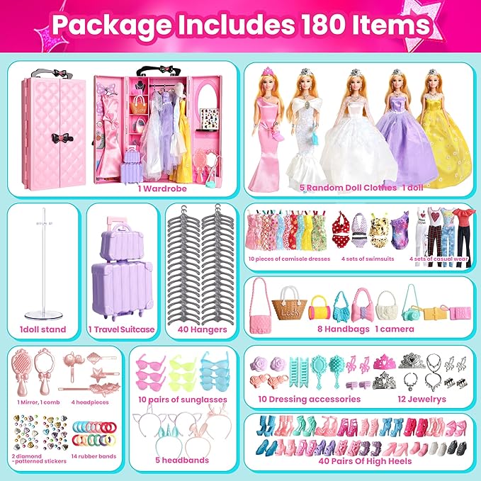 UCanaan 180 Pcs Doll Clothes and Accessories Set, Princess Gowns, Dresses, Tops, Pants, Shoes, Hangers, Fashion Doll Wardrobe, Ages 3+ Best Gitfs for Girls Christmas Birthday