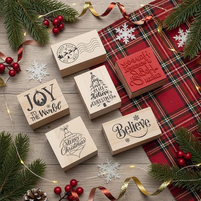 6 Pcs Christmas Rubber Stamp Set Merry Christmas Wooden Rubber Stamp Snow Tree Stamps Vintage Wooden Art Stamps for Crafting and DIY Scrapbooking Card Making Hand Book (Retro)