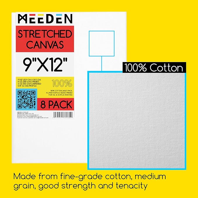 MEEDEN Stretched Canvas, 9 × 12 Inch, Pack of 8, Blank White Canvases for Painting, 100% Cotton, 10 oz Gesso-Primed, Pre-Stretched Canvas for Acrylic Oil Pouring & Airbrushing Painting