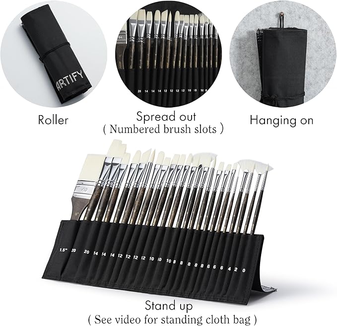 ARTIFY 24 Pieces Synthetic Hog Bristle Nylon Paint Brush Set- Expert Series Paintbrushes for Acrylic, Oil – No Shedding, Canvas Roll Case, Artist Gifts Art Supplies
