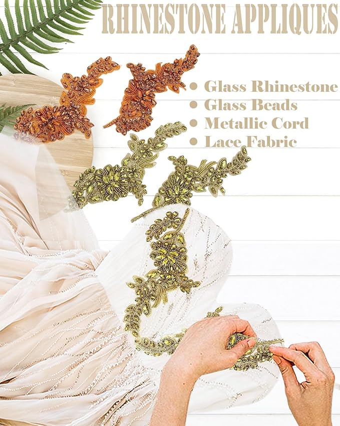 1 Pair Handmade Flower Rhinestone Applique for Clothes, Crystal Fabric Patches for Wedding Dress, Bling Beaded Embroidery Lace Applique for Hat Hairband Sewing Embellishment (Red)