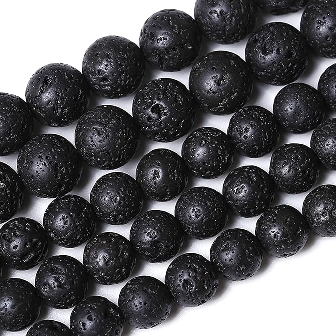 10MM 72pcs Natural Stone Beads Black Volcanic Lava Gemstone Round Loose Beads for Jewelry Making Bracelet 2 Strands 32"