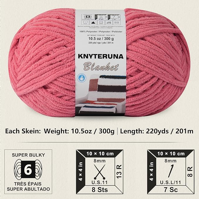 #6 Super Bulky Blanket Yarn for Crocheting - 4 Skeins(Each 10.5oz/300g, 220yds/201m), Chunky Chenille Thick Plush Big Soft Yarn for Crocheting Knitting Blankets, Terracotta Rose