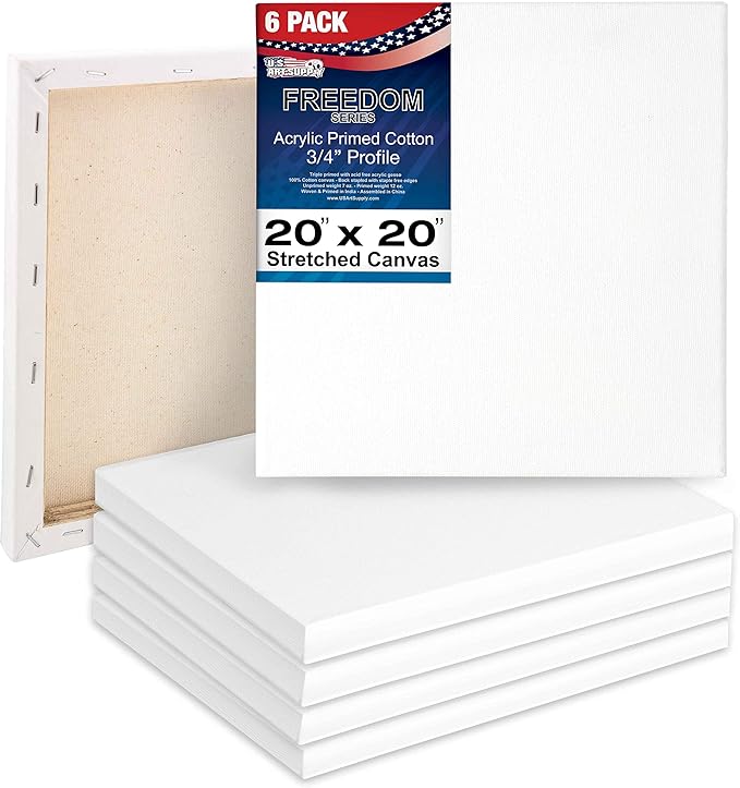 U.S. Art Supply 20 x 20 inch Stretched Canvas 12-Ounce Triple Primed, 6-Pack - Professional Artist Quality White Blank 3/4" Profile, 100% Cotton, Heavy-Weight Gesso - Acrylic Pouring, Oil Painting
