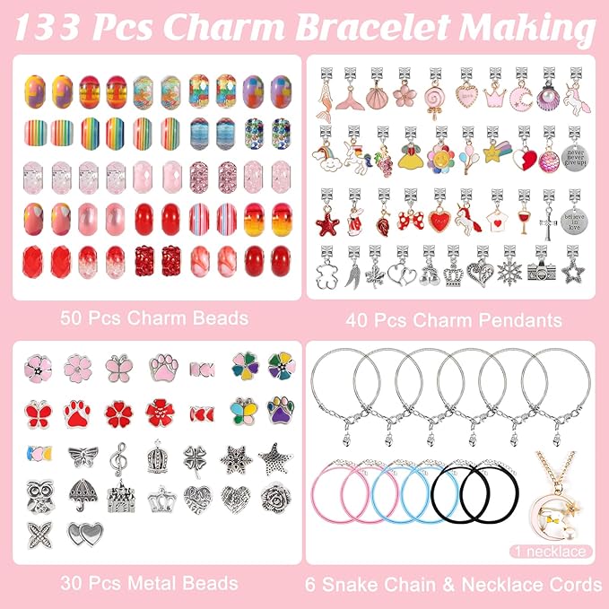 YJK Charm Bracelet Making Kit, 5-12 Year Old Girl Birthday Gifts, 133 Pcs DIY Beaded Jewelry Making Kit with Jewelry Box, Creative Crafts for Girls, Charm Necklace Making kit for Girls (Red & Pink)