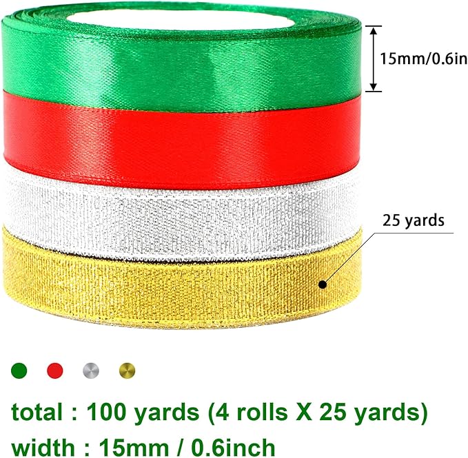 Christmas Ribbon, DECYOOL 4 Rolls 100 Yards Holiday Ribbons for Gift Wrapping (1.5cm Wide, Red & Green & Gold & Silver)