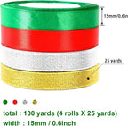 Christmas Ribbon, DECYOOL 4 Rolls 100 Yards Holiday Ribbons for Gift Wrapping (1.5cm Wide, Red & Green & Gold & Silver)