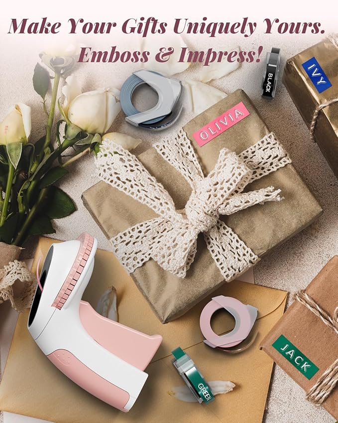 Phomemo Embossing Label Maker Machine, Retro Embossed Label Maker, Old School Embosser Labeler with 6 Rolls 3D Embossing Label Waterproof for Kid DIY Home School and Scrapbook Supplies Office, Pink