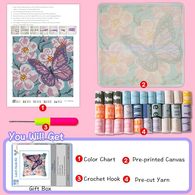 LAPATAIN Latch Hook Kits for DIY Throw Pillow Cover,Butterfly Needlework Cushion Cover Hand Craft Crochet 17x17inch