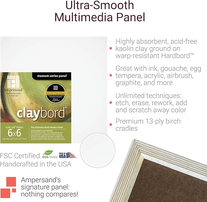 Ampersand Art Supply Wood Painting Panel: Museum Series Claybord, 30" x 40", 2" Cradled Profile