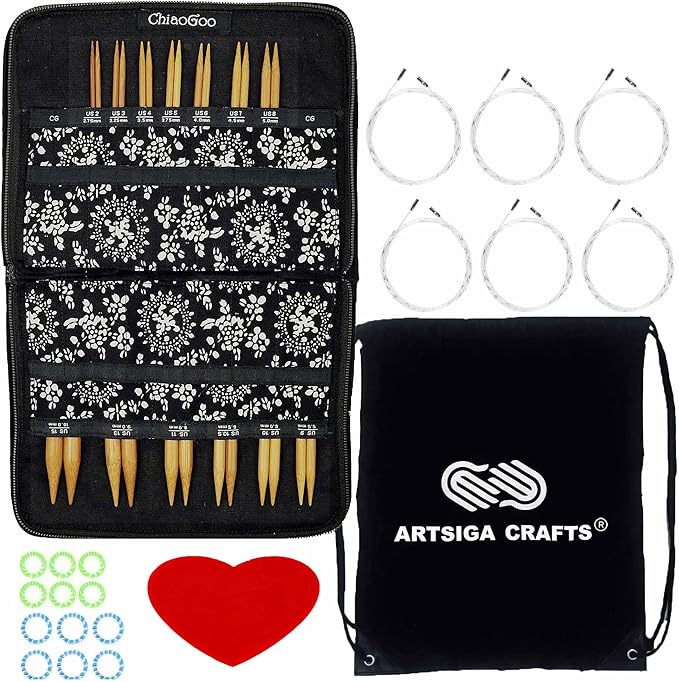 ChiaoGoo Spin Bamboo 5-Inch Complete 2500-C Interchangeable Circular Knitting Needle Set, Sizes US 2, 3, 4, 5, 6, 7, 8, 9, 10, 10.5, 11, 13, 15 with 6 Cords with Project Bag