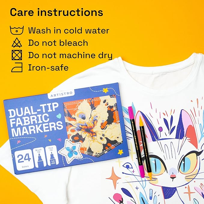 ARTISTRO 24 Dual-Tip Fabric Markers - Fabric Decorating Kit - Permanent for Clothes - Acrylic Paint Pens for Sneakers, Bags, Shoes, Textile, Canvas, Sewing, Craft, DIY, and More - Brush and Fine Tip