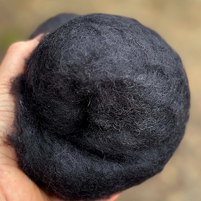 Black #08 Needle Felting Wool – 100g Carded Batt, Short Coarse Fiber Roving – Core or Finish Wool for Needle Felting, DIY Crafts, Dolls & Animals