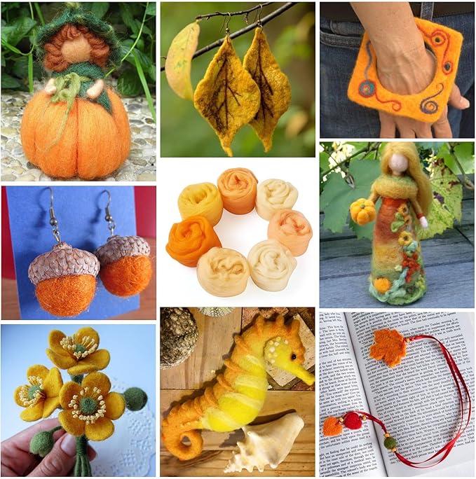 FASHEWELRY 1.2 OZ Wool Felting Kit 7 Set 7 Colors Orange Theme Needle Felting Wool Roving Nature Wool Roving for Needle Felting Wet Felting DIY Hand Spinning