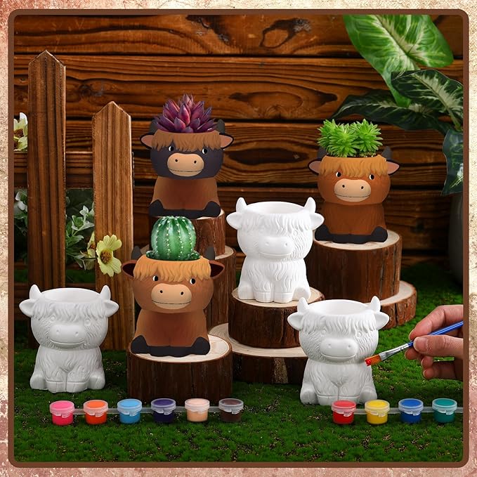 Beeveer 6 Pcs Ready to Paint Your Own Highland Cow Succulent Ceramic Pots Unpainted Ceramics Cartoon Cow Shaped Flower Pots DIY Kit Planter Container with Drainage Hole for Home and Office Decoration