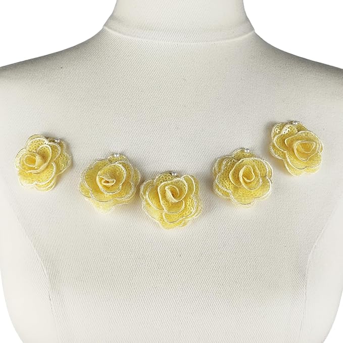 5 PC Rose Flower Sequins Lace Embroidery Patch Applique Trim Wedding Dress DIY Sewing Craft Clothes Applique, 1.6 Inch, Yellow