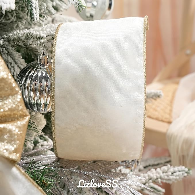 White Velvet Wired Ribbon with Glitter Back 4 Inch White and Gold Christmas Ribbon Wired Ribbon for Christmas Tree, Gift Wrapping, Mantel, Wreaths Supplies, Topper Bows (10 Yards)