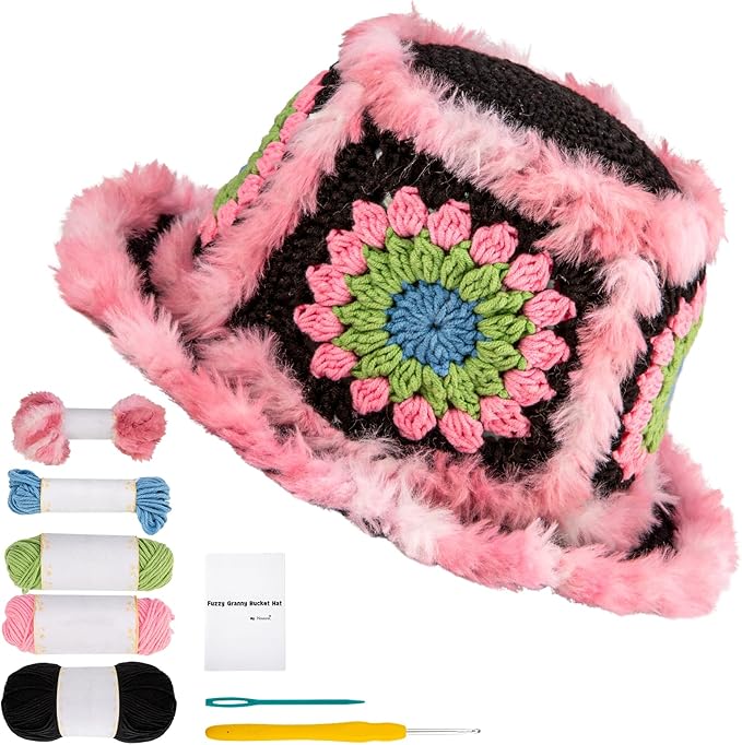 Noocro Crochet Kit for Beginners or Intermediate Level, Fuzzy Granny Square Bucket Hat, Step by Step Video Tutorial, Detailed Instruction Complete Kit Craft Supplies Holiday Gift (Black Pink)