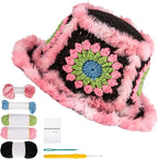 Noocro Crochet Kit for Beginners or Intermediate Level, Fuzzy Granny Square Bucket Hat, Step by Step Video Tutorial, Detailed Instruction Complete Kit Craft Supplies Holiday Gift (Black Pink)