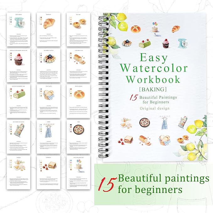 Watercolor Workbooks, 16 Colors Water Color Books Paint Set for Adults, Watercolor Coloring Book for Beginners, Water Color Workbook, 15 Beautiful Paintings for Beginners (Baking)