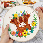 Nuberlic Highland Cow Embroidery Kit 3 Pack Embroidery Kits for Adults Beginners Starter Cross Stitch Kit Set with Floral Designs - Perfect DIY Gift