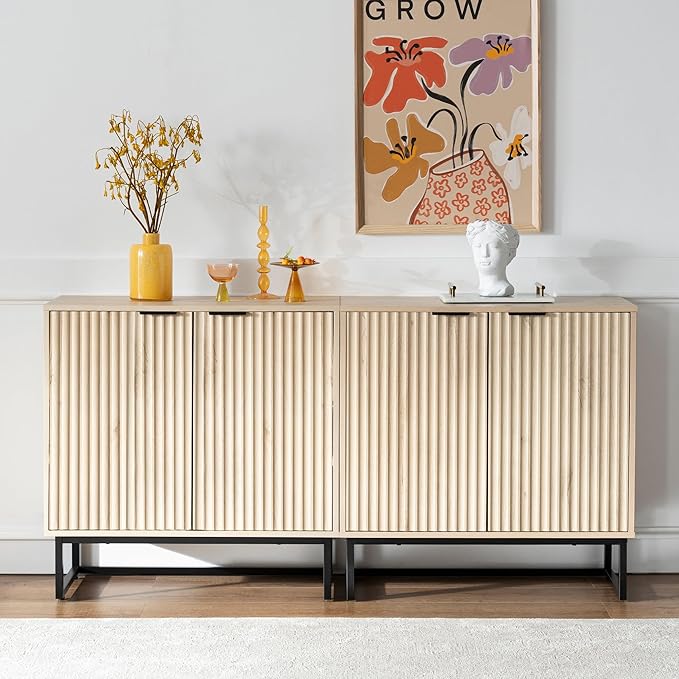 Fluted Storage Cabinet,Sideboard Buffet Cabinet with Adjustable Shelves,Multifunctional Console Table with Storage Credenza Accent Cabinet for Living Room, Dining Room, Hallway, Light Oak