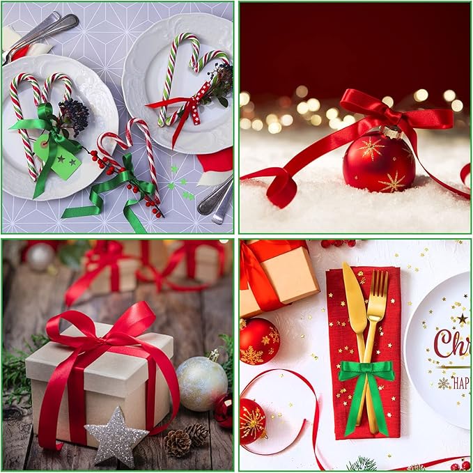 DECYOOL Christmas Ribbons, 4 Rolls 100 Yards 10mm Wide Holiday Satin Ribbons for Gift Wrapping and DIY Craft Christmas Party Home Decorations, Red & Green